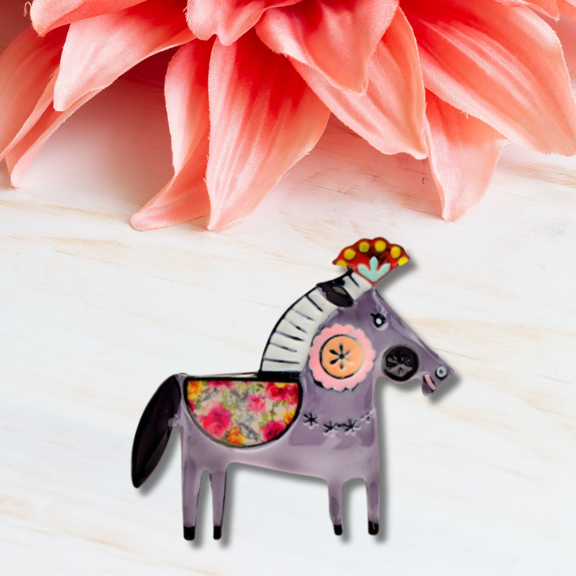 Grey Abstract Horse Brooch Pin