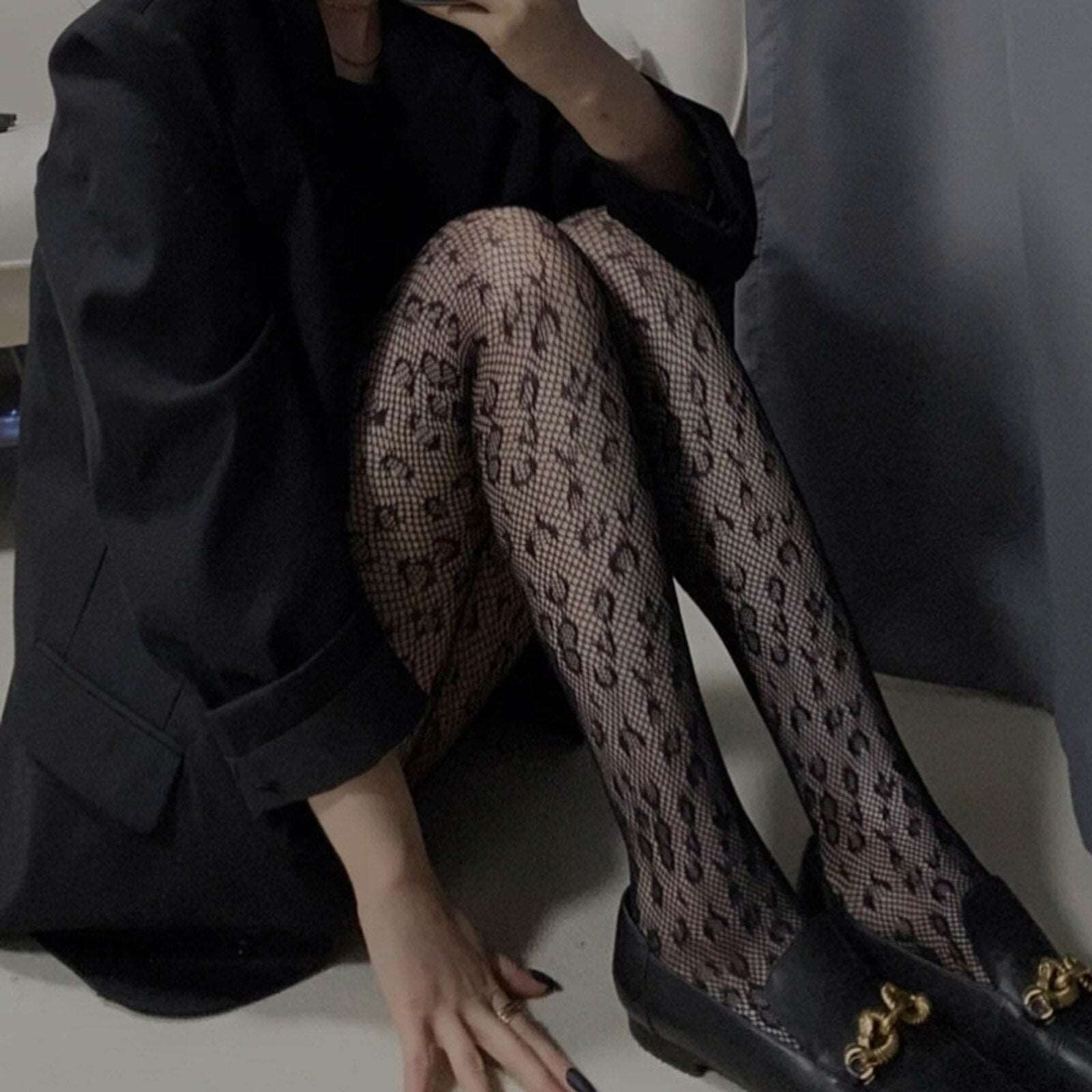 Fashion Pantyhose Black Leopard Knitted Fishnet Pattern (One Size Fits All)