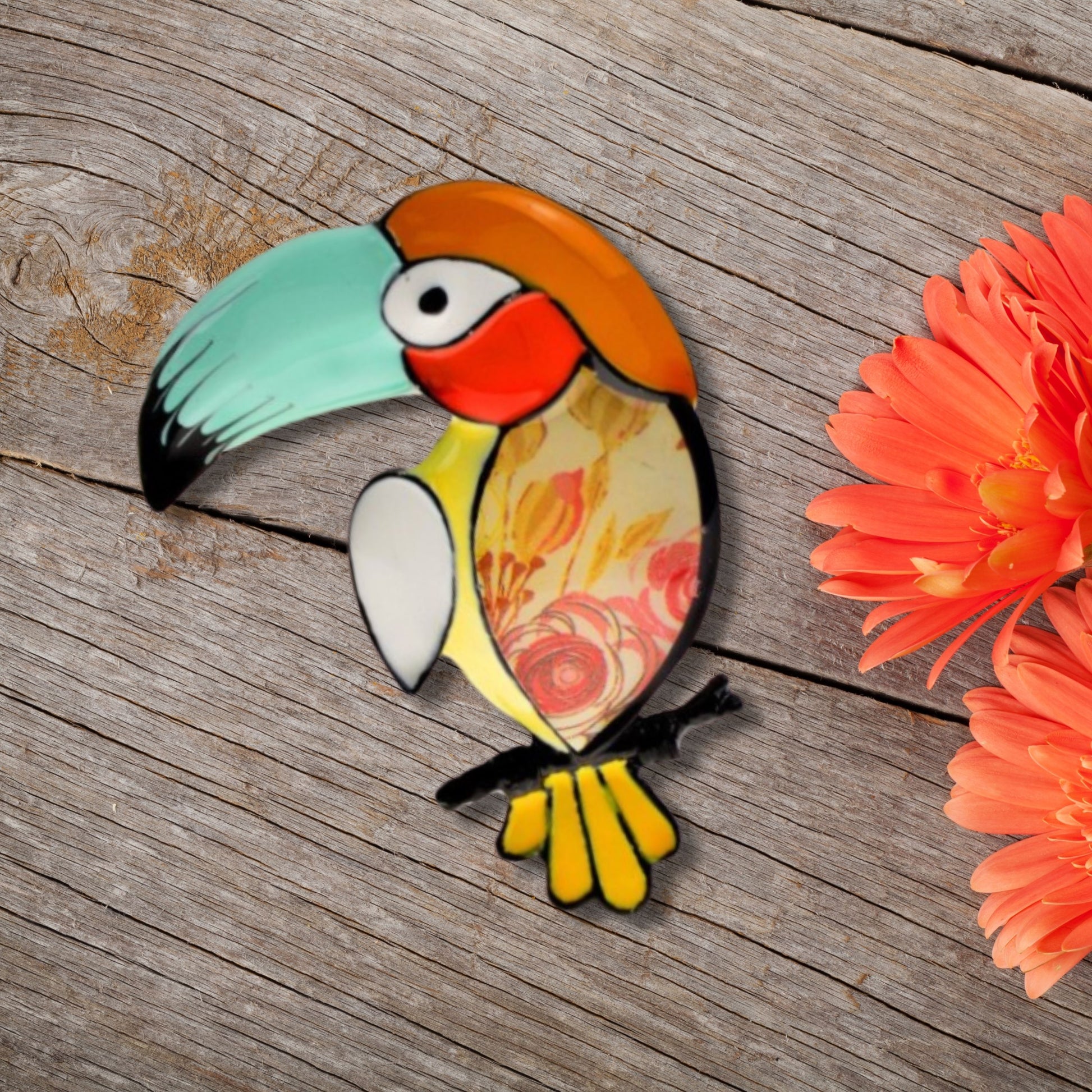 Orange Parrot Brooch Pin