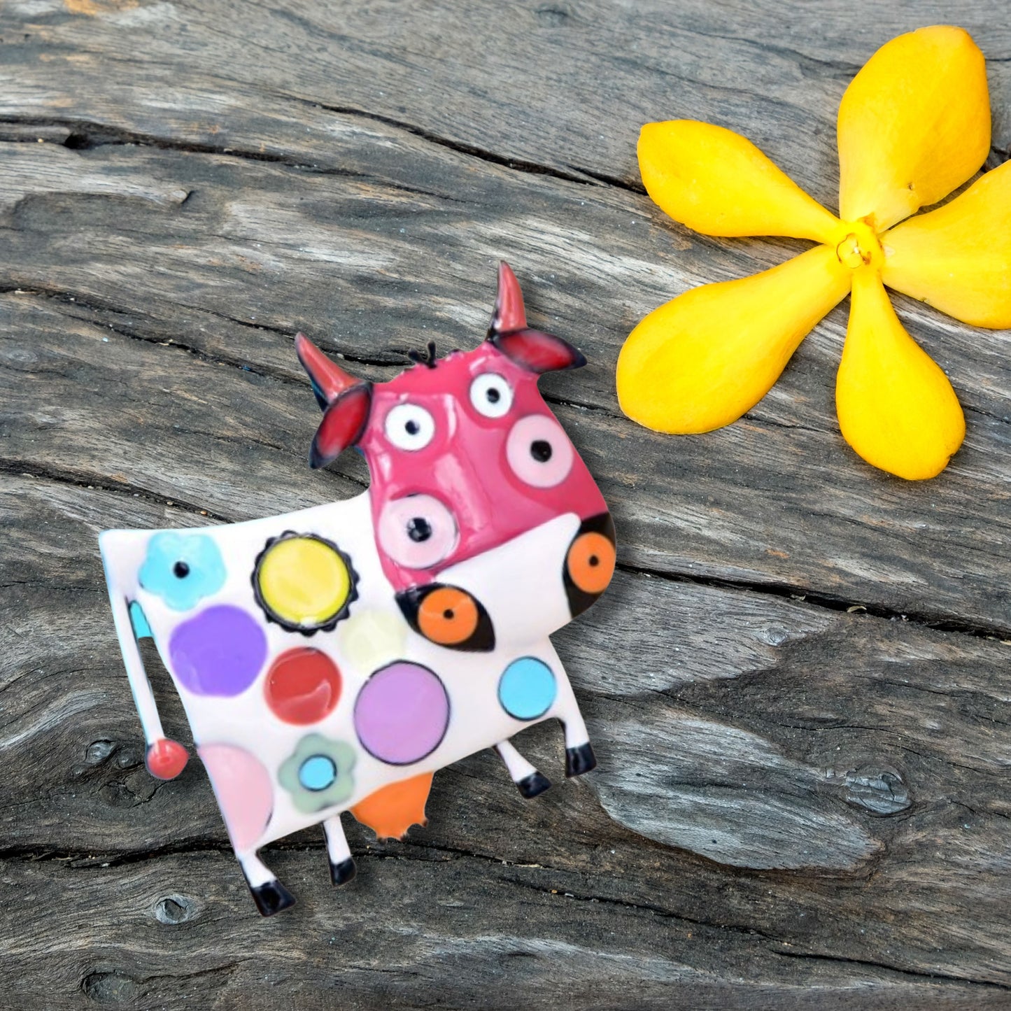 Pink Abstract Cow Brooch Pin