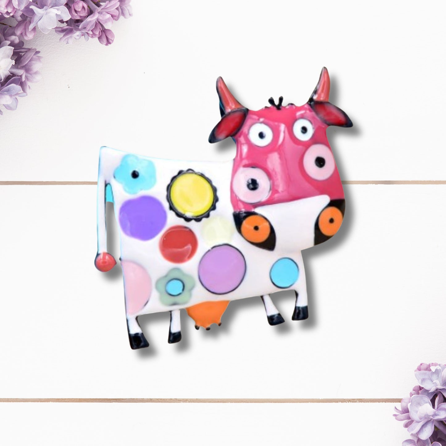 Pink Abstract Cow Brooch Pin