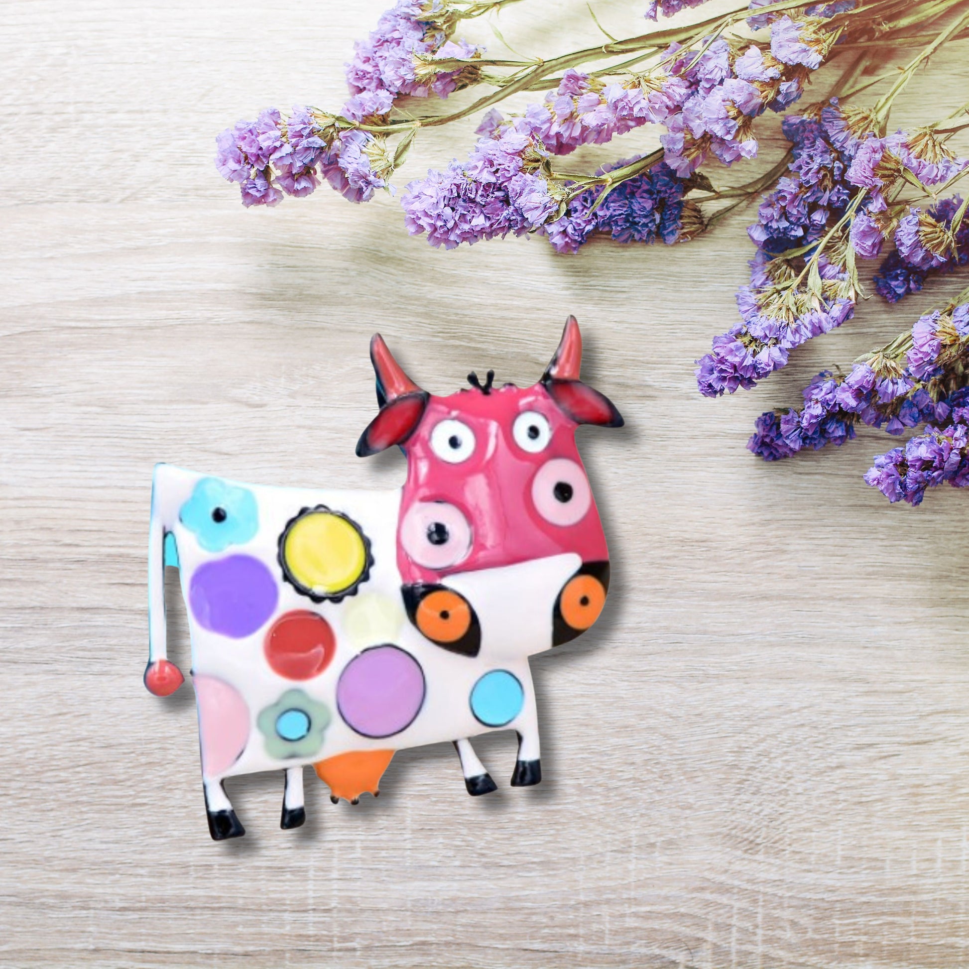 Pink Abstract Cow Brooch Pin