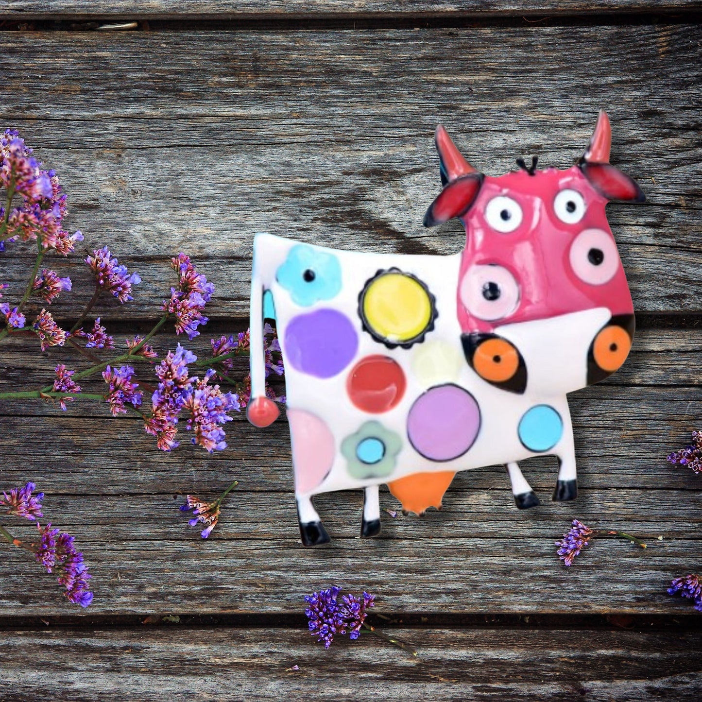 Pink Abstract Cow Brooch Pin