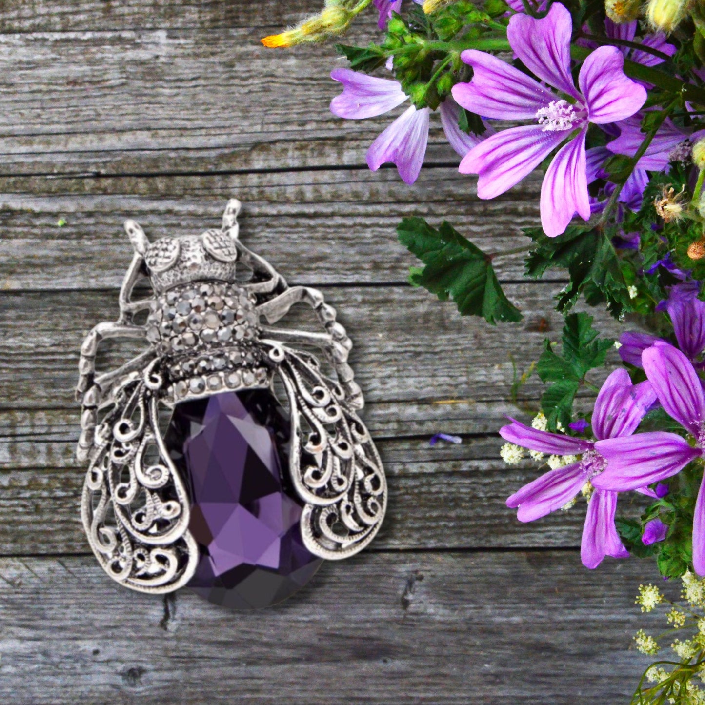 Purple Rhinestone Beetle Brooch Pin