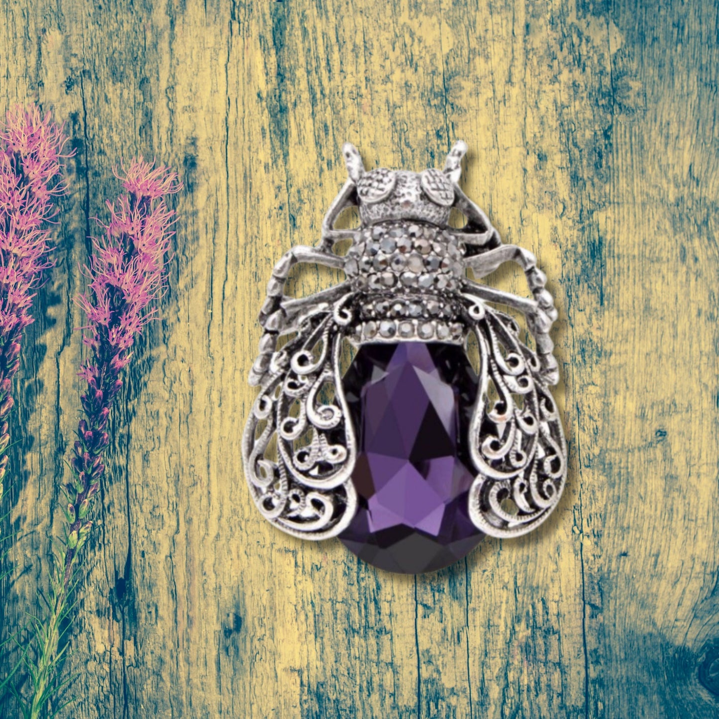 Purple Rhinestone Beetle Brooch Pin