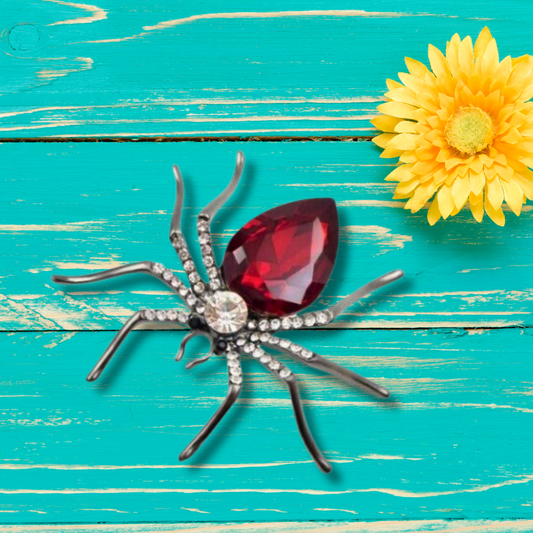 Red Rhinestone Spider Statement Brooch