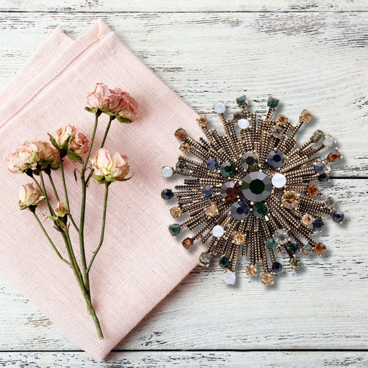 Rainbow Sunburst Rhinestone Brooch