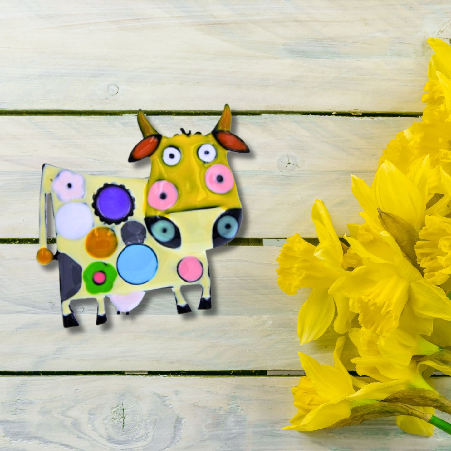 Yellow Abstract Cow Brooch Pin