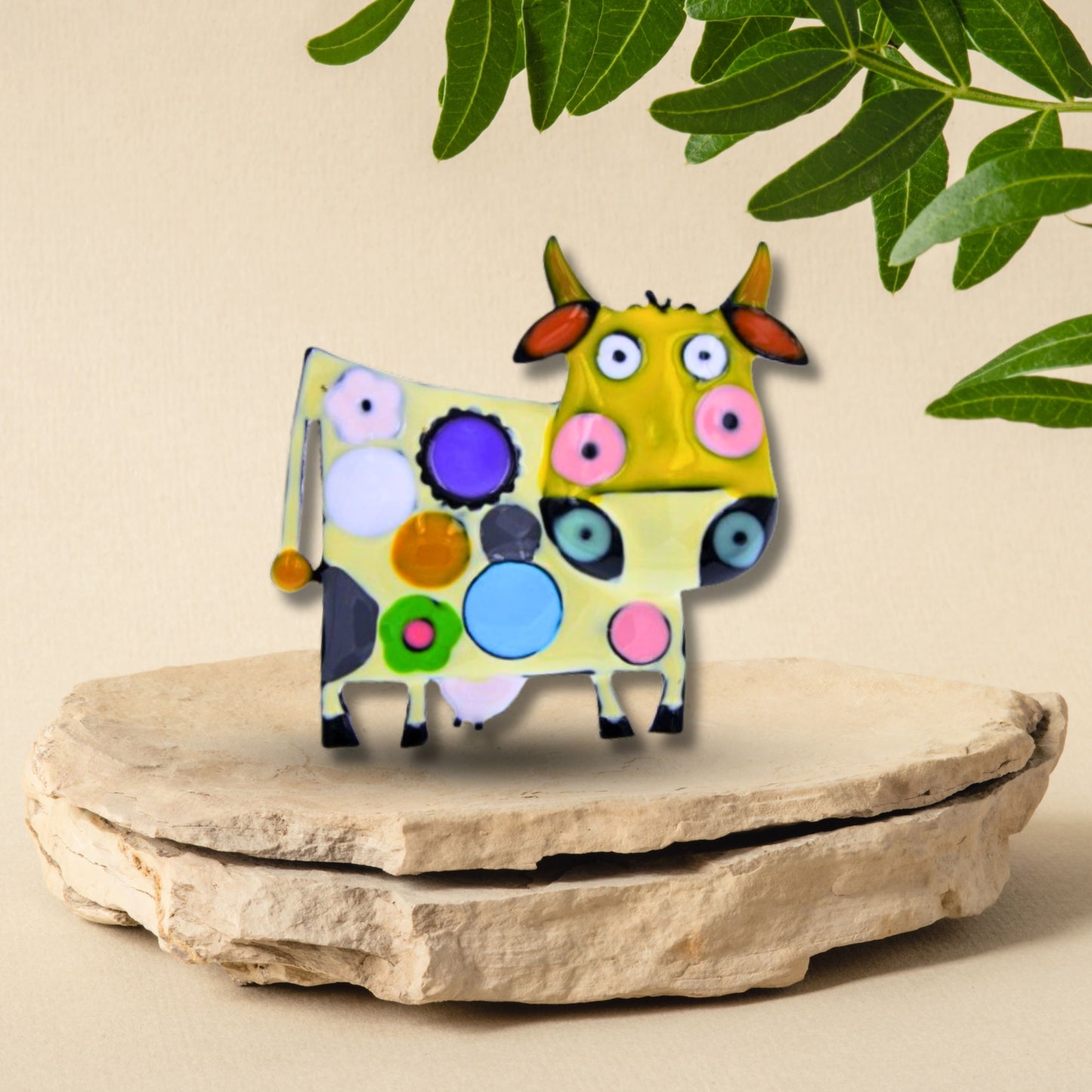 Yellow Abstract Cow Brooch Pin