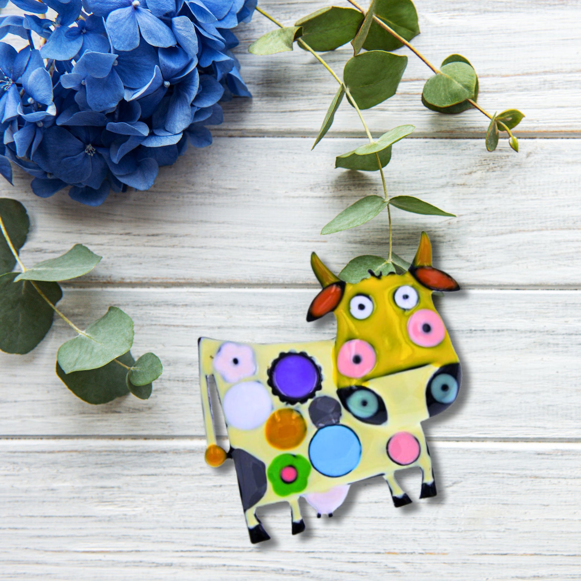 Yellow Abstract Cow Brooch Pin