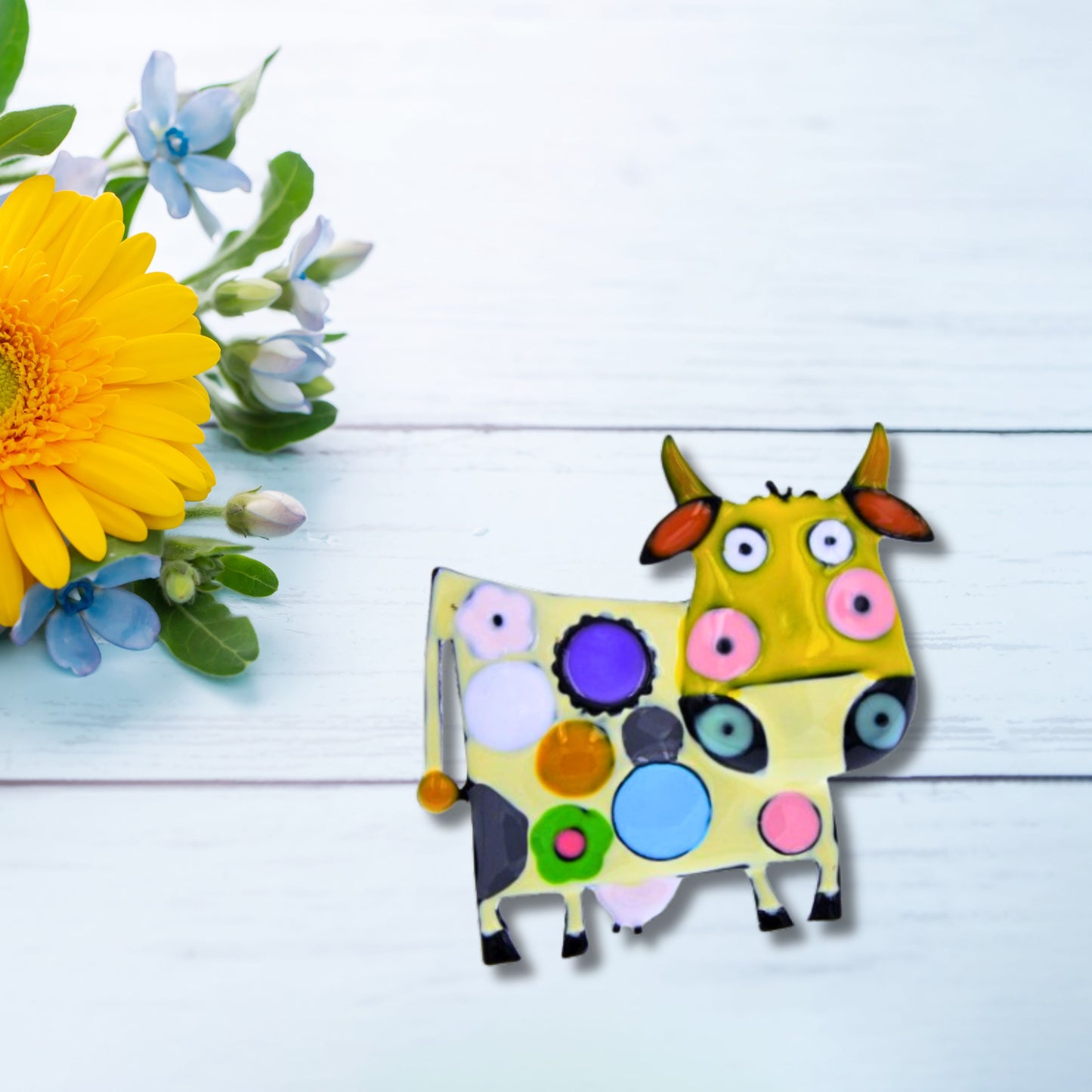 Yellow Abstract Cow Brooch Pin