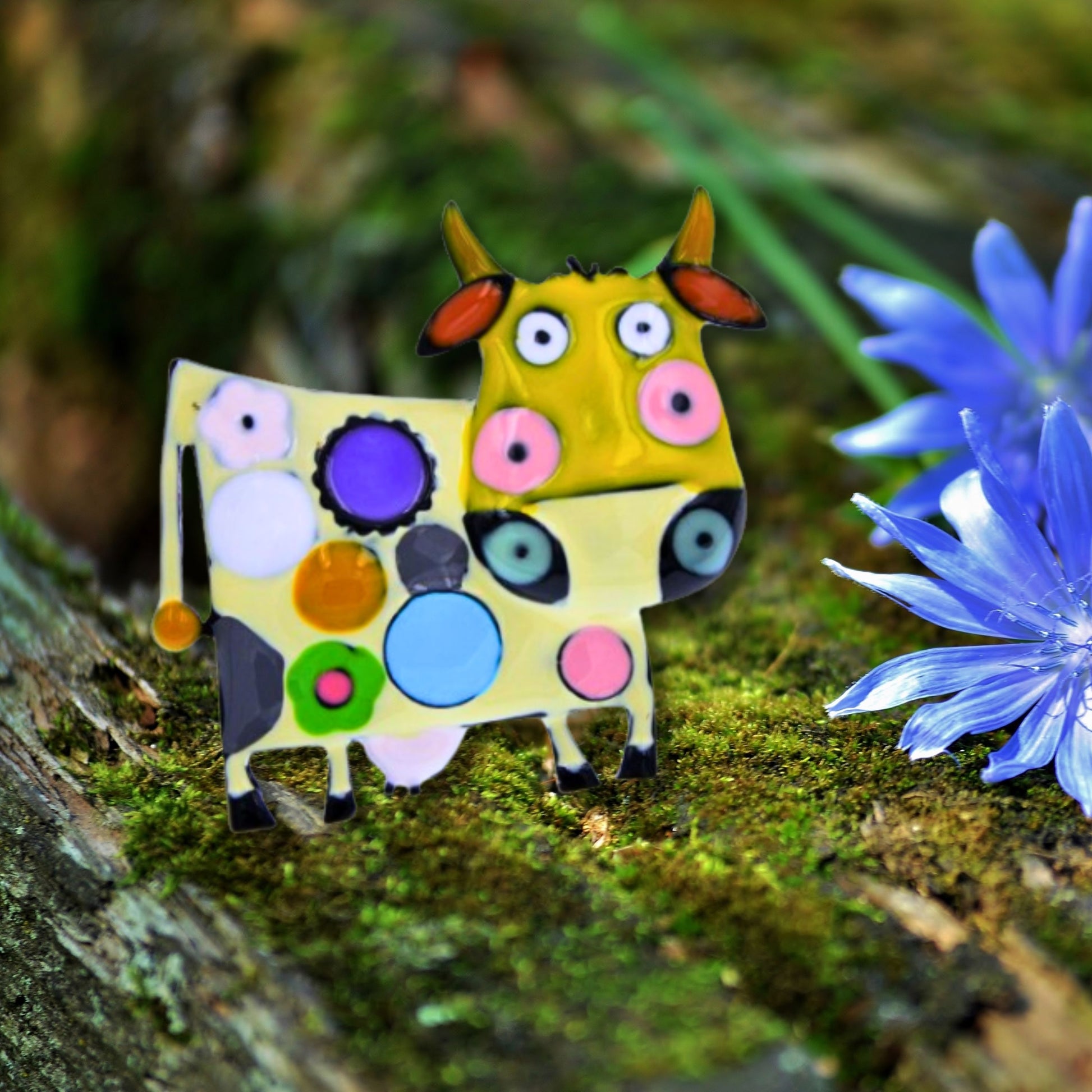 Yellow Abstract Cow Brooch Pin