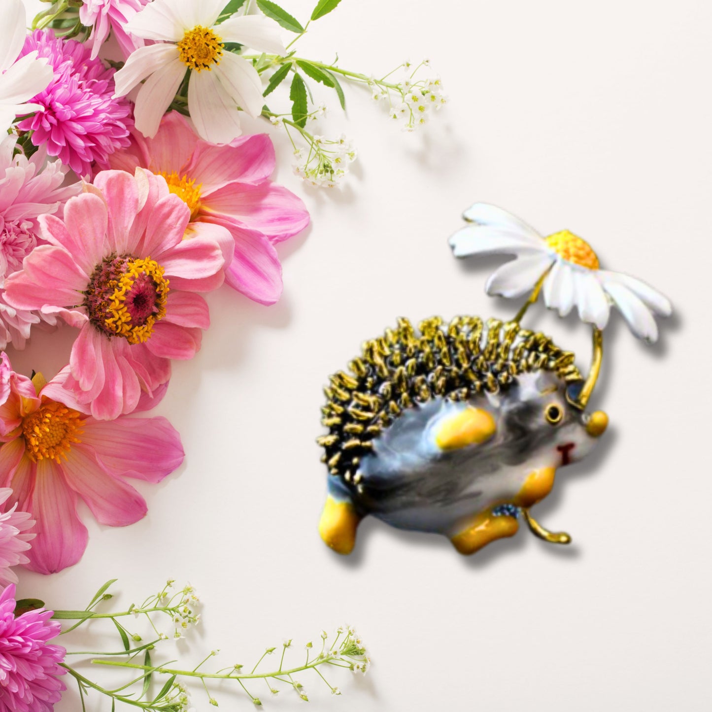 White Daisy Black Hedgehog Brooch