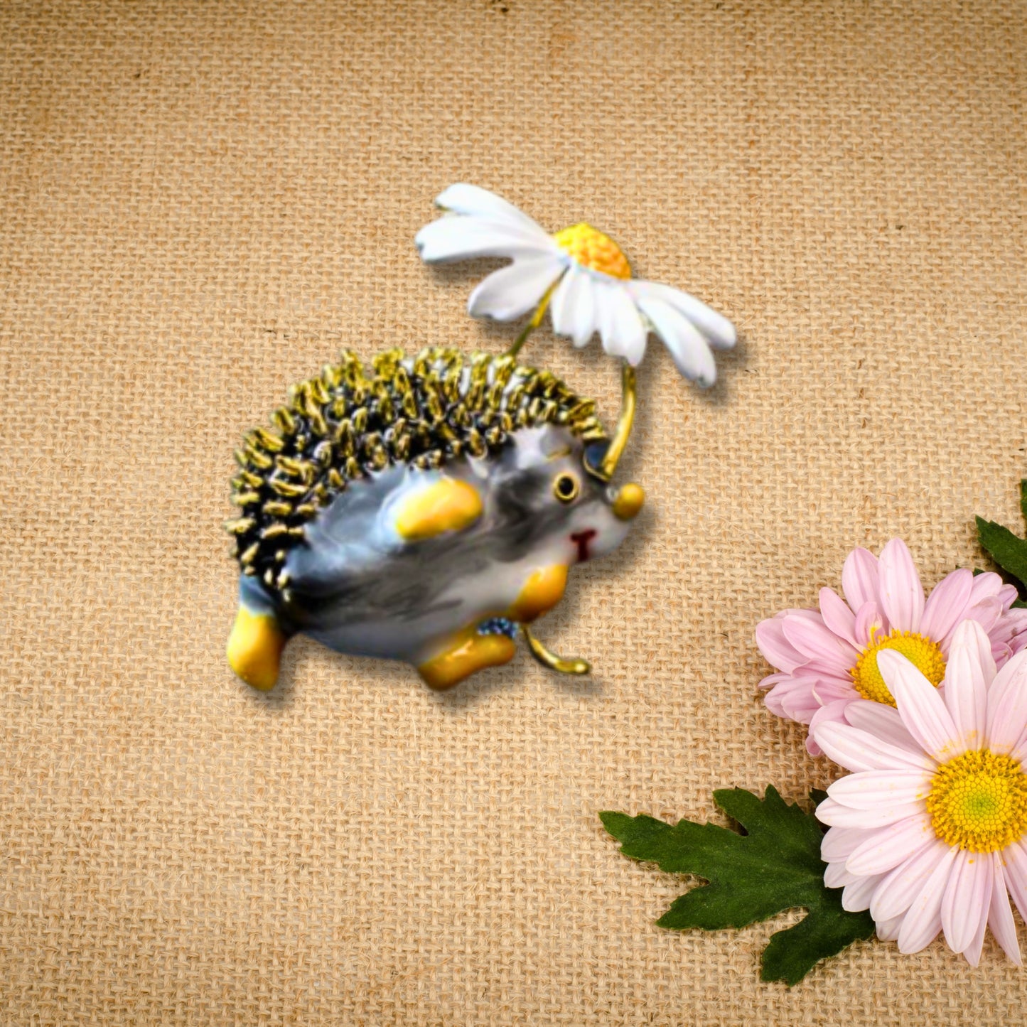 White Daisy Black Hedgehog Brooch