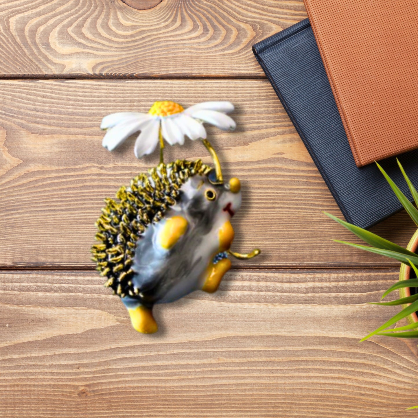 White Daisy Black Hedgehog Brooch