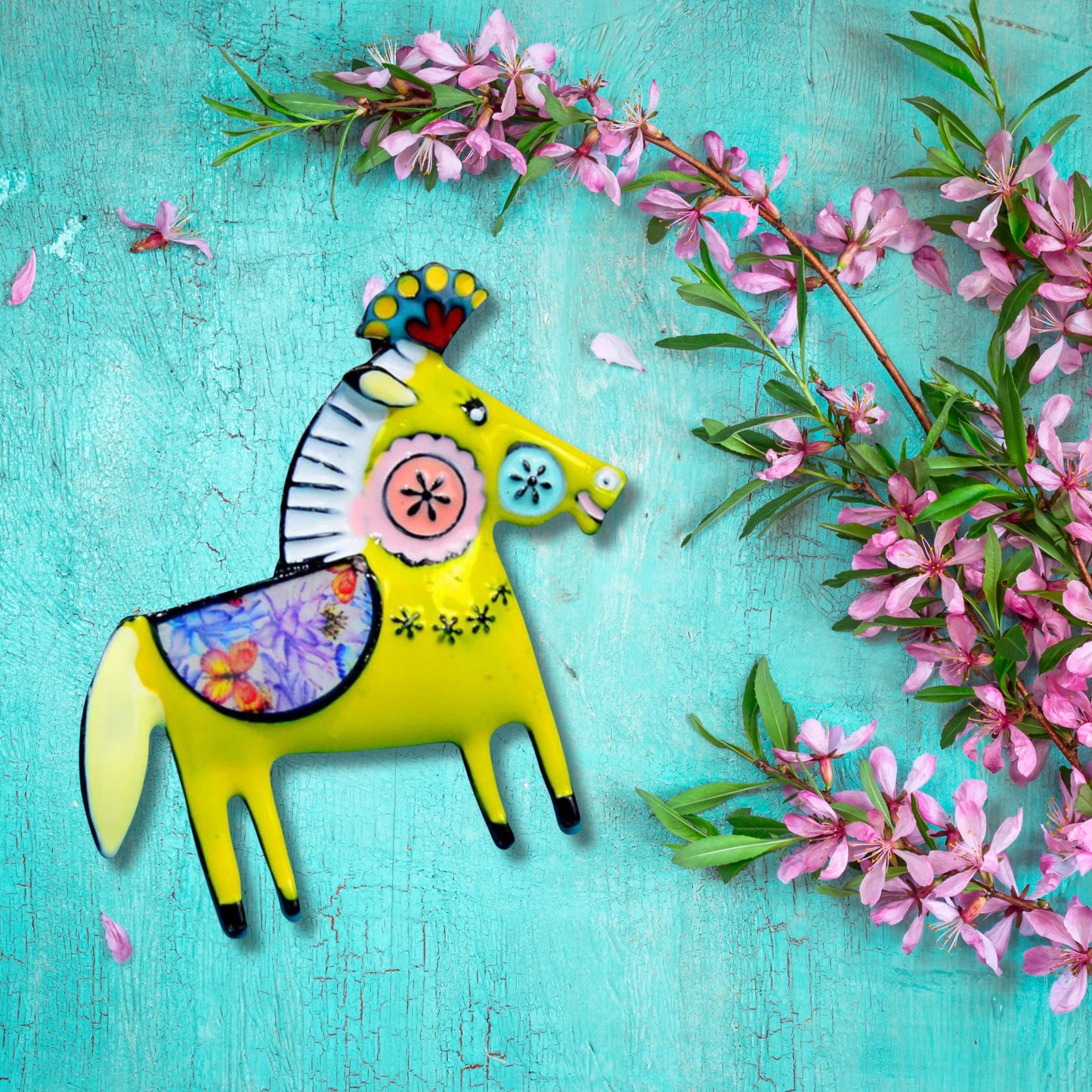 Yellow Abstract Horse Brooch Pin