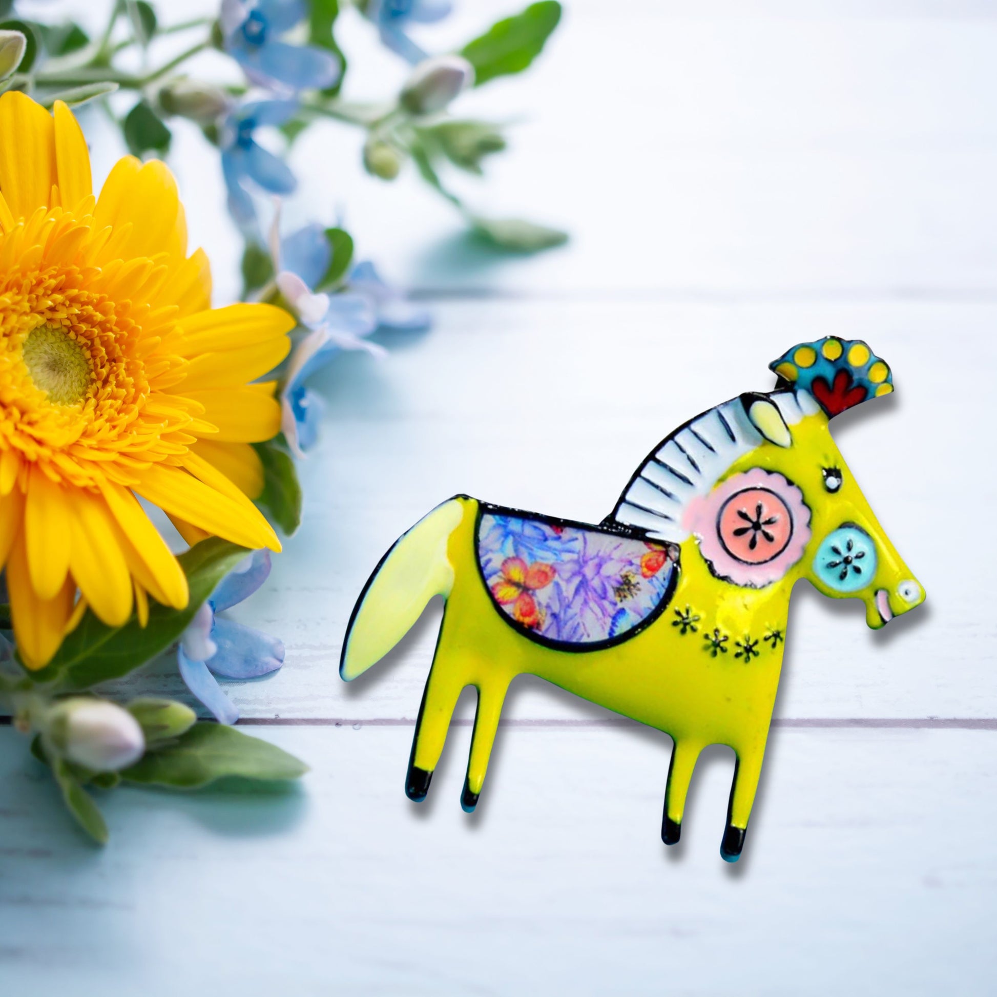 Yellow Abstract Horse Brooch Pin