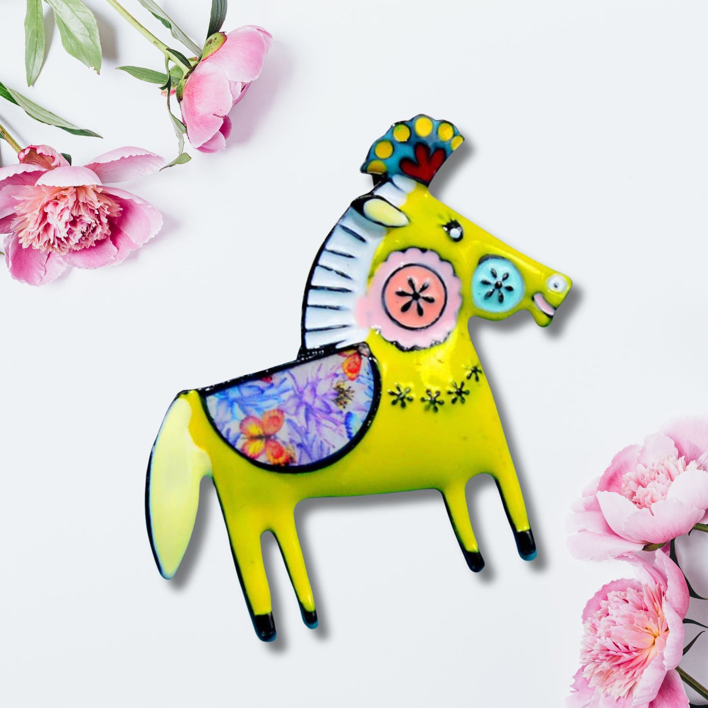 Yellow Abstract Horse Brooch Pin