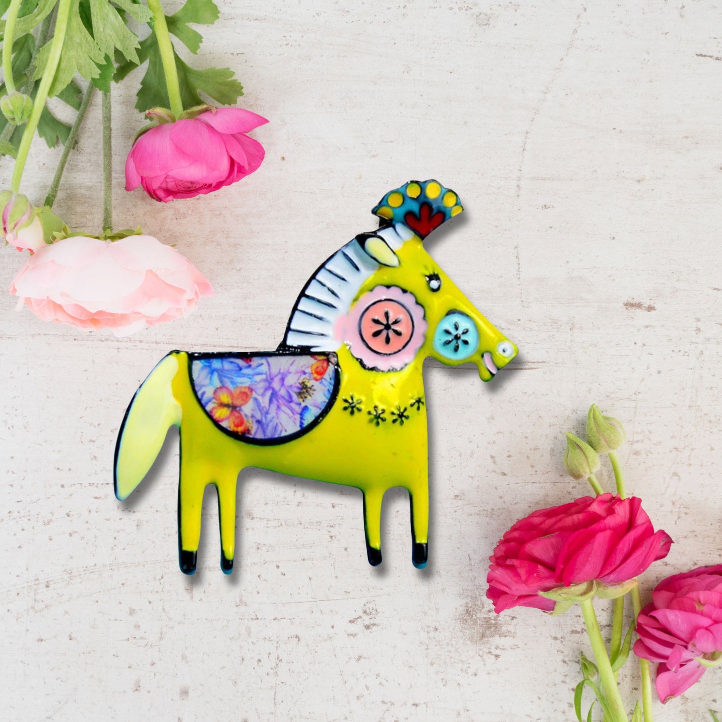 Yellow Abstract Horse Brooch Pin