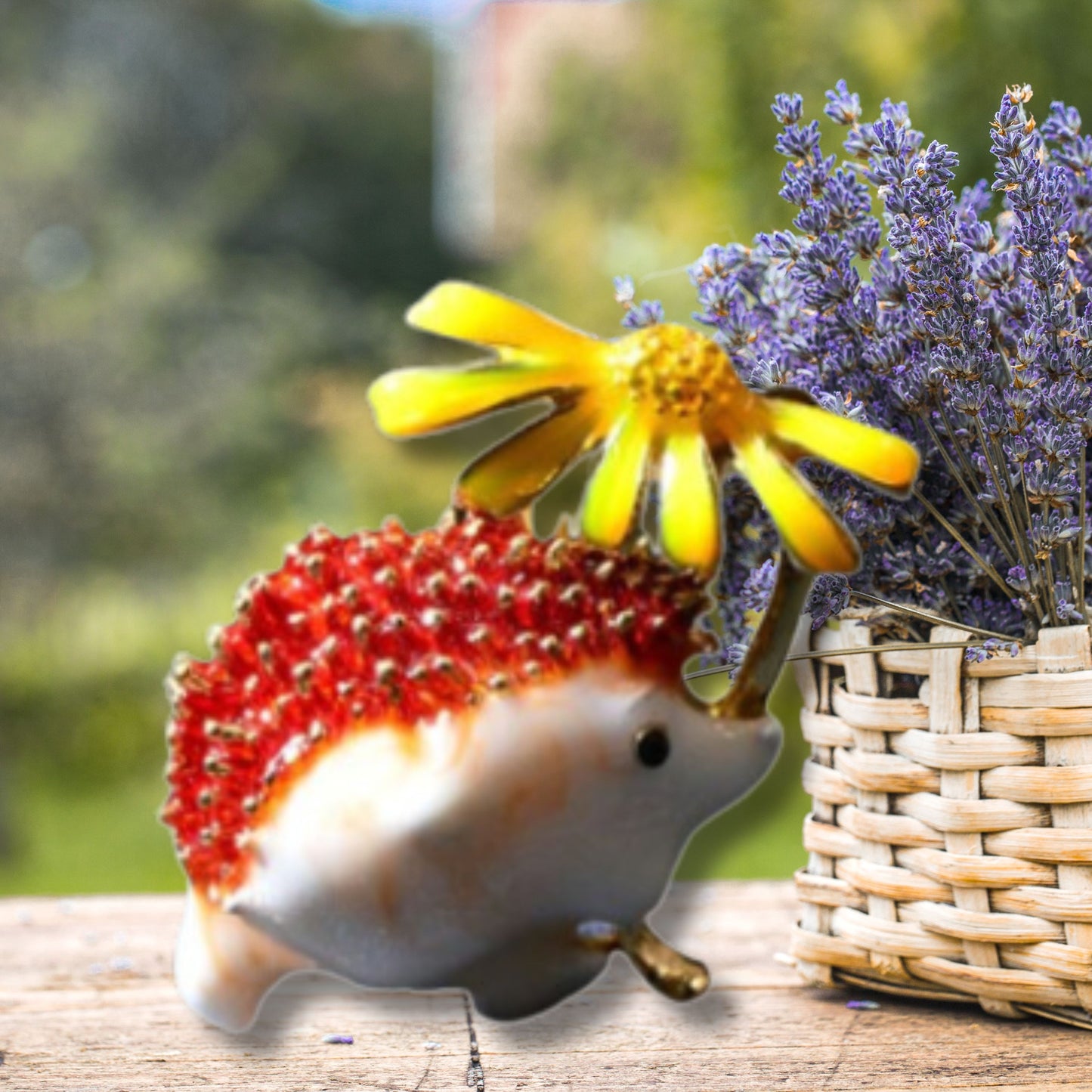 Orange Hedgehog Yellow Daisy Metal Brooch