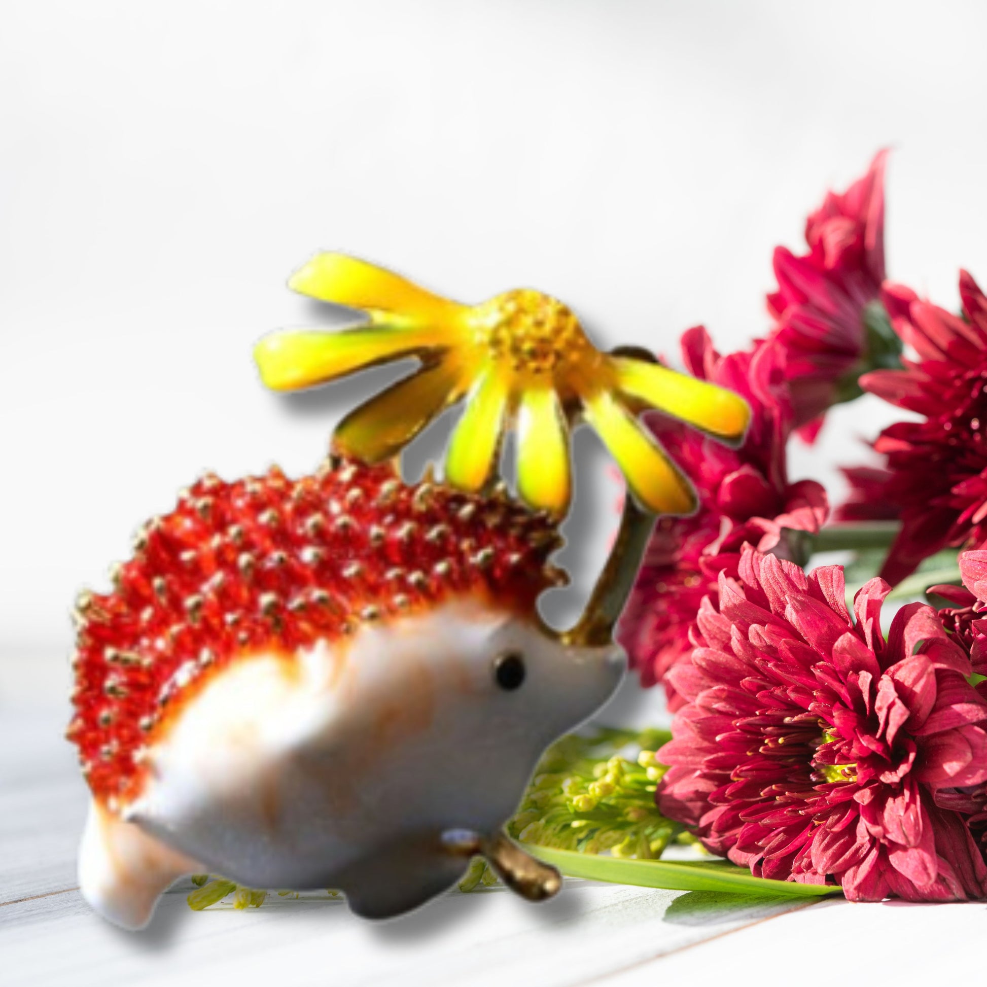 Orange Hedgehog Yellow Daisy Metal Brooch