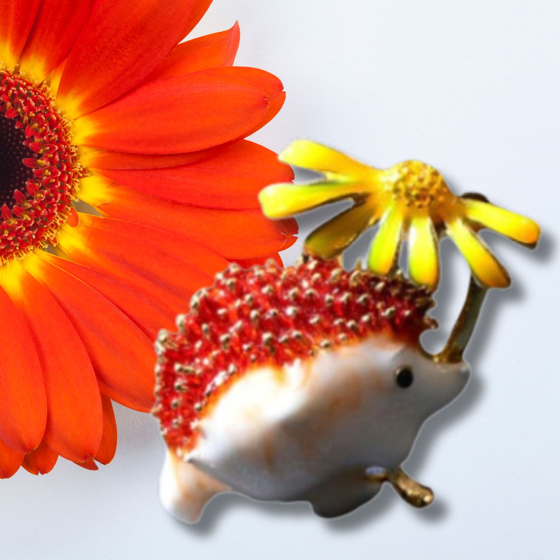 Orange Hedgehog Yellow Daisy Metal Brooch