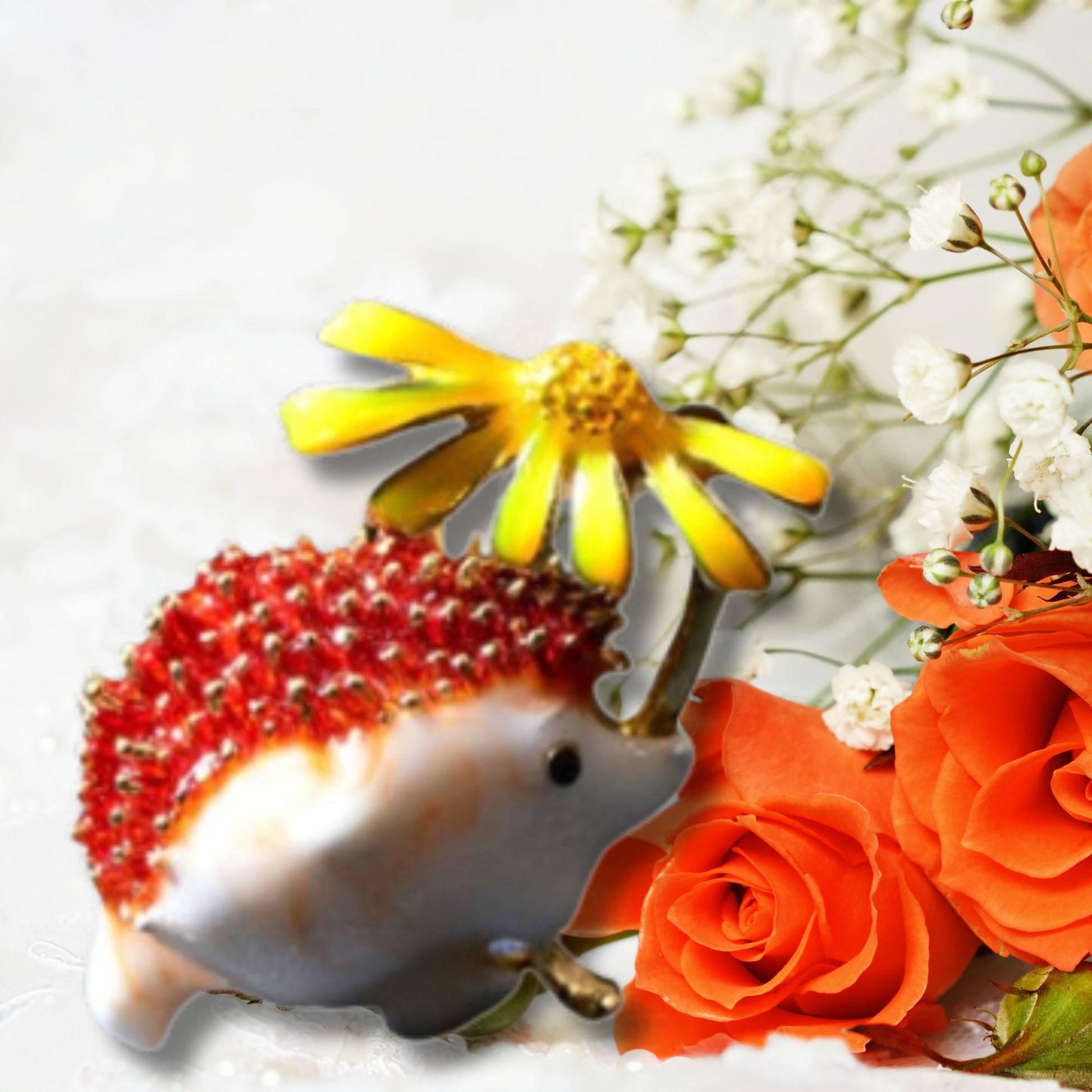 Orange Hedgehog Yellow Daisy Metal Brooch