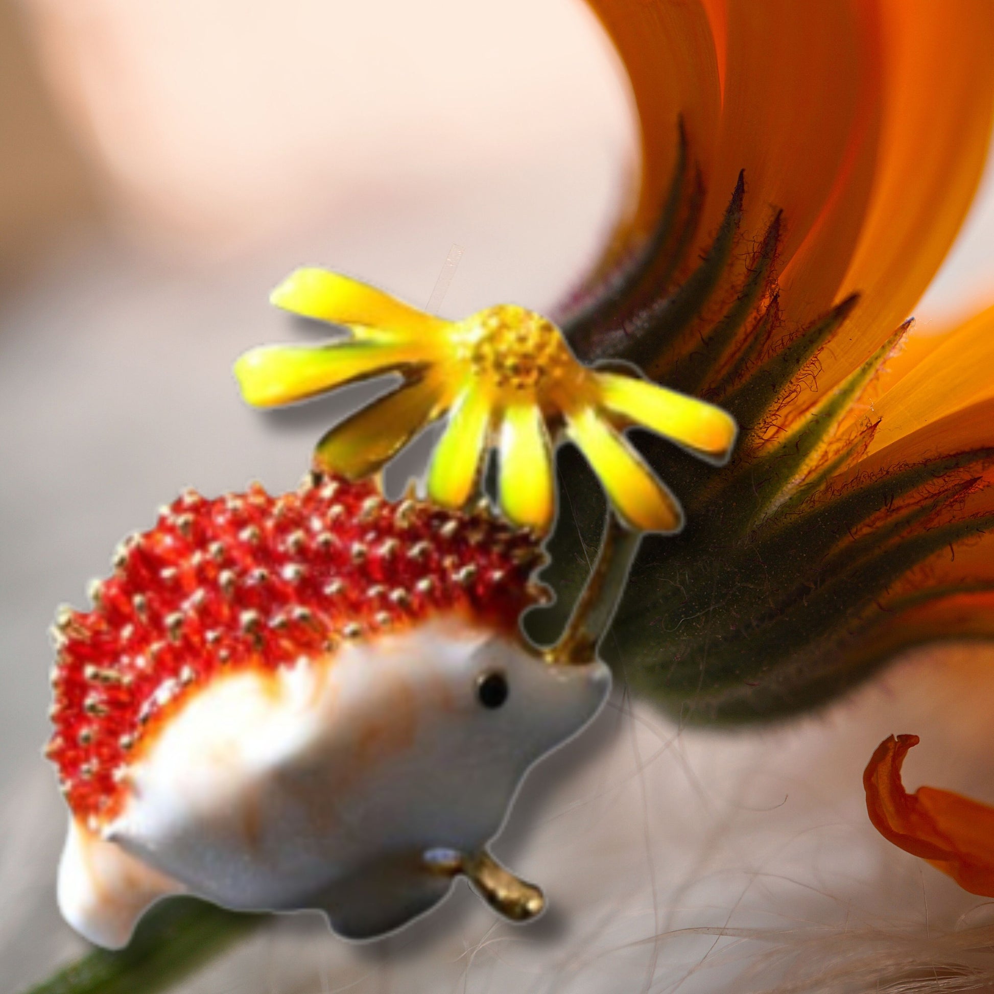 Orange Hedgehog Yellow Daisy Metal Brooch