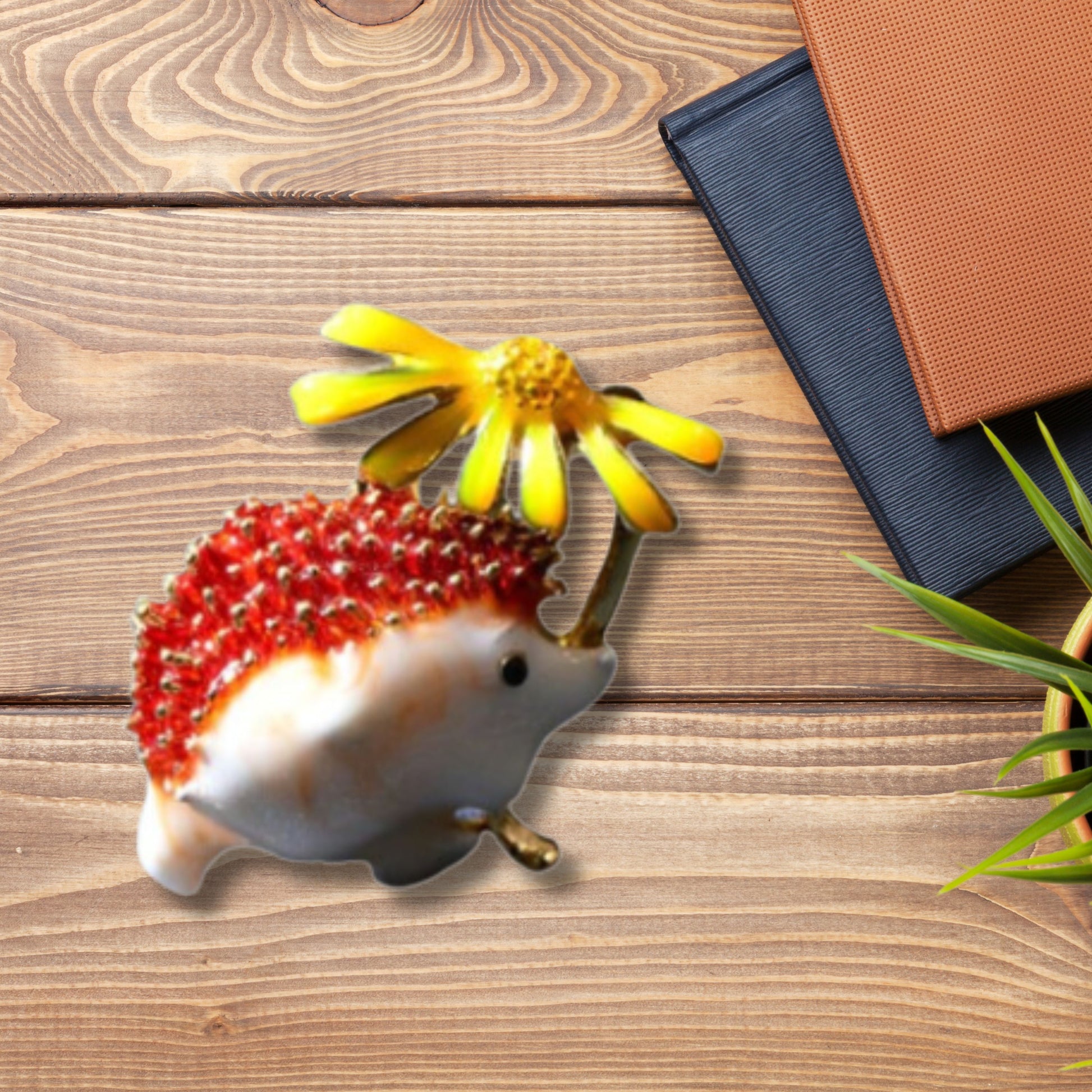 Orange Hedgehog Yellow Daisy Metal Brooch