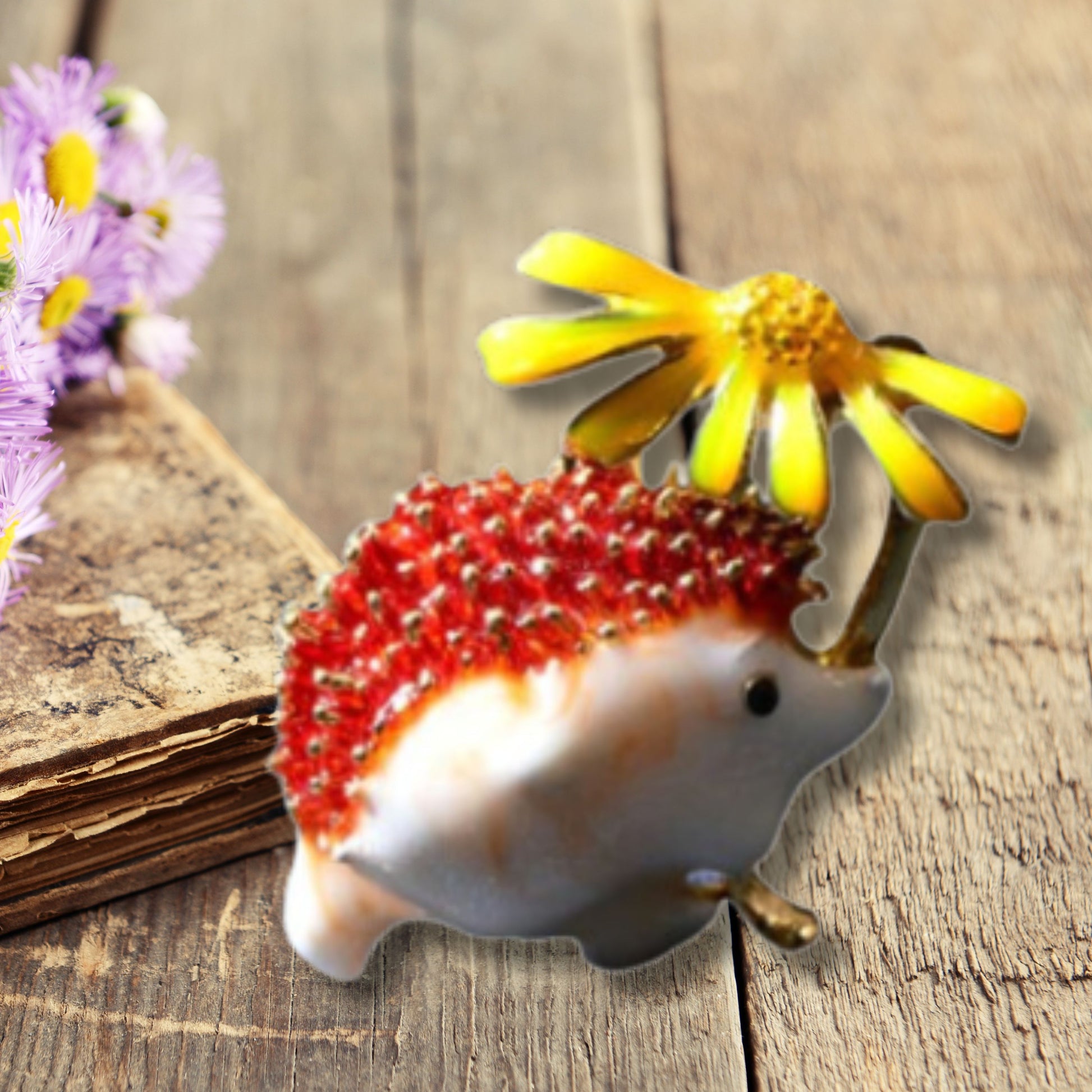 Orange Hedgehog Yellow Daisy Metal Brooch