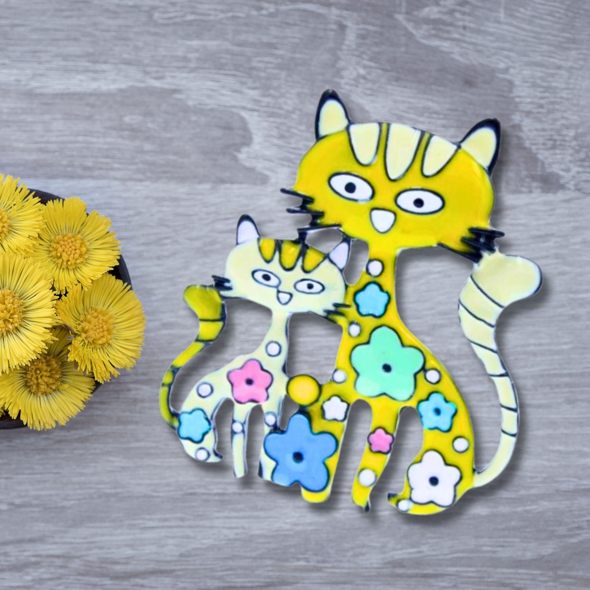 Abstract Yellow Cats Brooch Pin