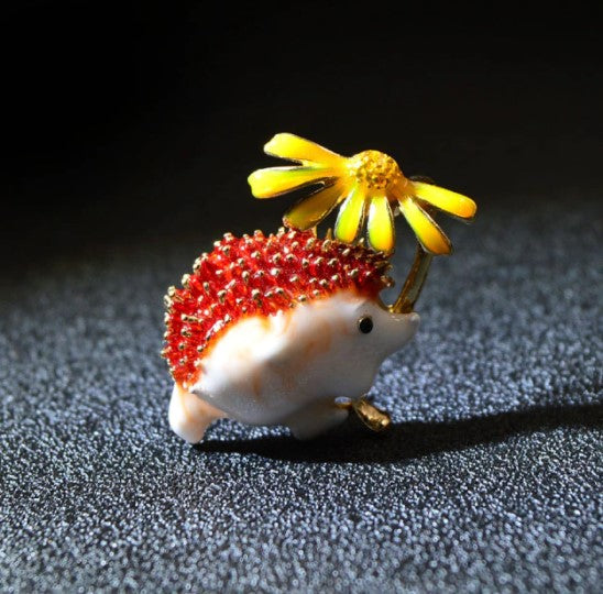 Orange Hedgehog Yellow Daisy Metal Brooch