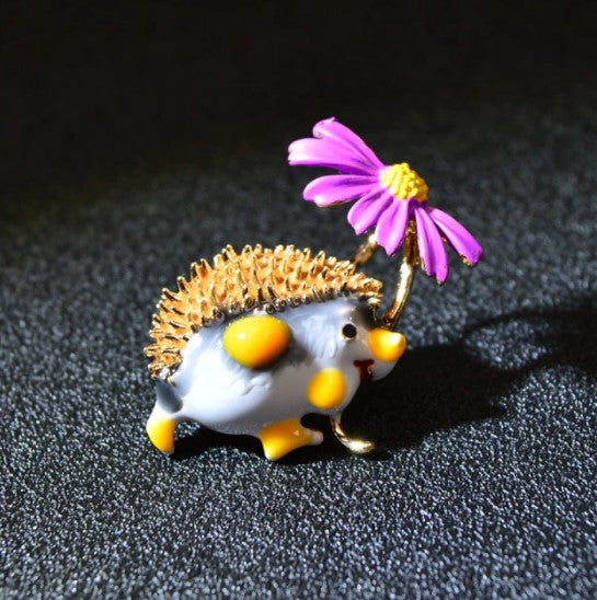Yellow Hedgehog With Purple Daisy Metal Enamel Fashion Brooch Pin