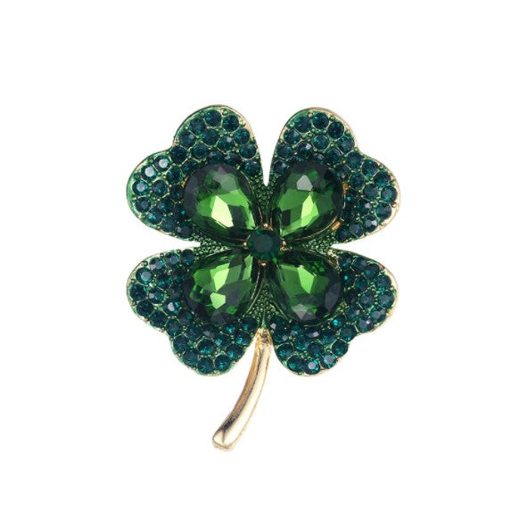 Green Four Leaf Clover Crystal Fashion Brooch Pin