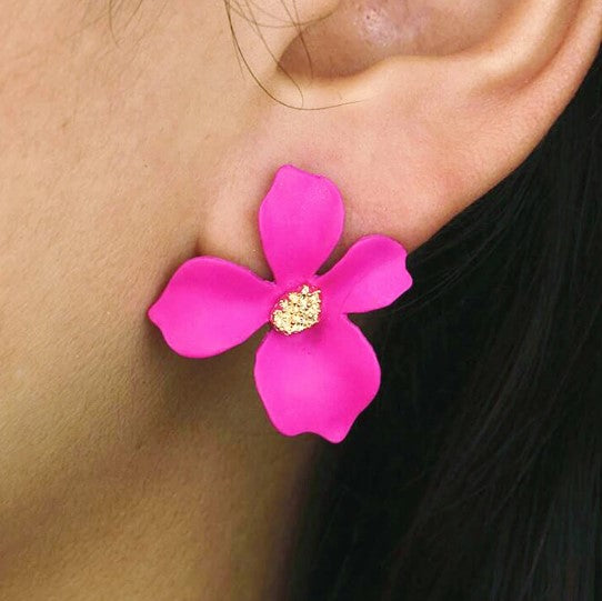 Pink Vacation Flower Hibiscus Glam Bling Fashion Statement Earrings
