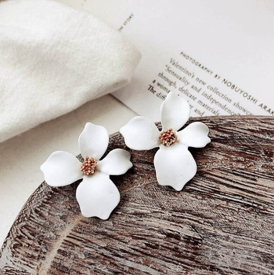 White Vacation Flower Hibiscus Glam Bling Fashion Statement Earrings