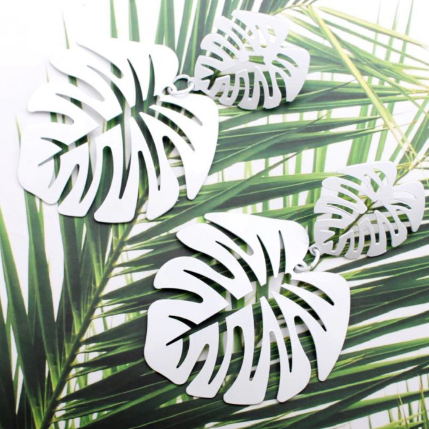 White Metal Tropical Leaves Vacation Miami Fashion Earrings