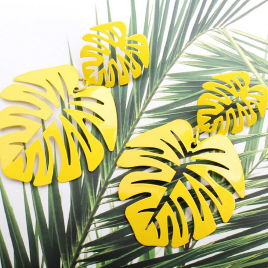 Yellow Metal Tropical Leaves Vacation Miami Fashion Earrings