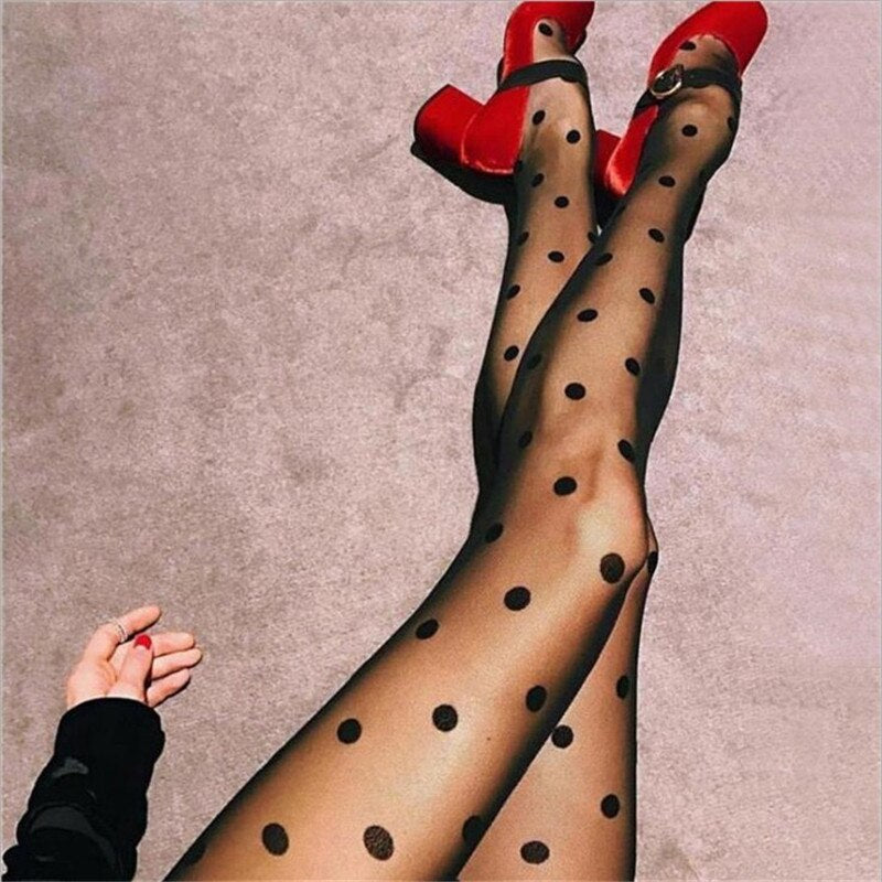 Fashion Pantyhose Black Sheer Polka Dot Design (One Size Fits All)