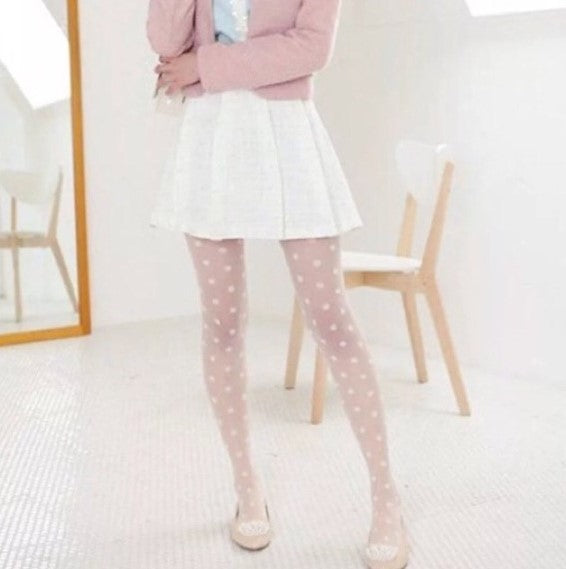 Fashion Pantyhose White Sheer Polka Dot Design (One Size Fits All)