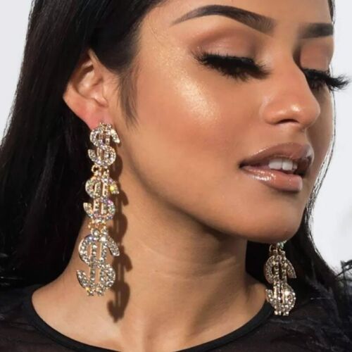 Dinero Dollar Sign Bold Metal Bling Statement Fashion Earrings